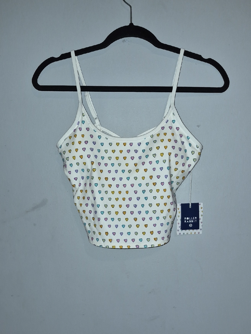 Roller Rabbit White Heart-Print Spaghetti Strap Crop Top with Multicolor Hearts